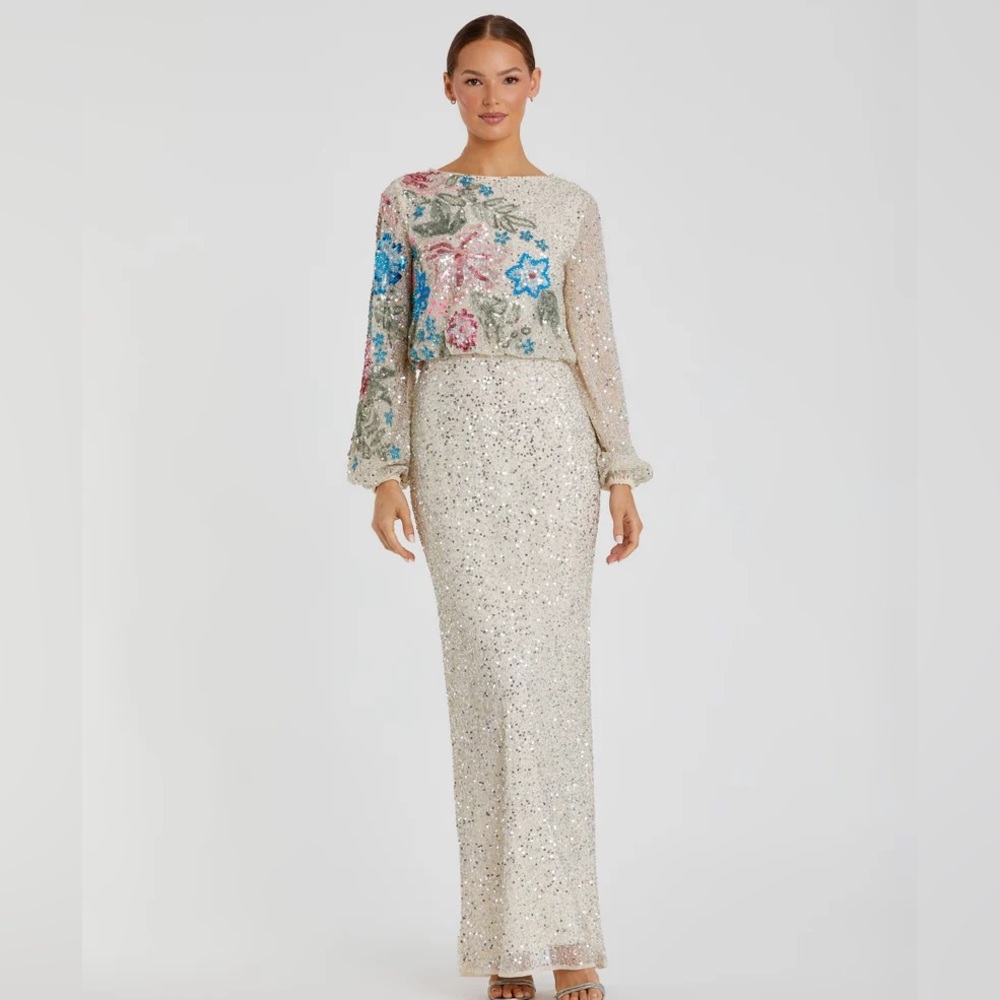 Sz 18 Embellished Multi Color Floral High Neck Gown MSRP 598